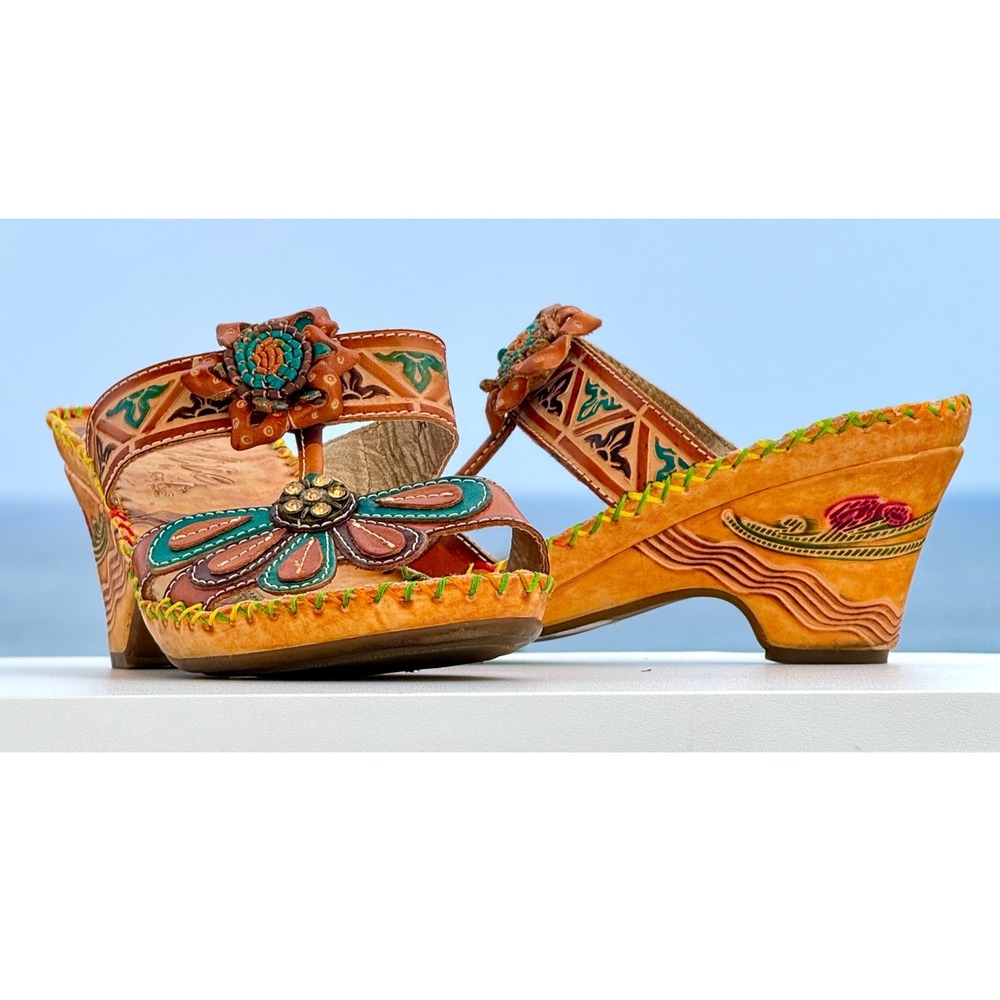 Sandals Wedge Hand Painted Floral Leather Women Boho Tooled 3D Flower Vintage 8